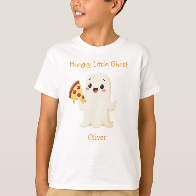 Cute Ghost med Pizza.Funny Halloween.Personlig T Shirt (Framsida)