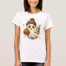 Cute Ghost med Pumpkin & Coffee Halloween T-Shirt
