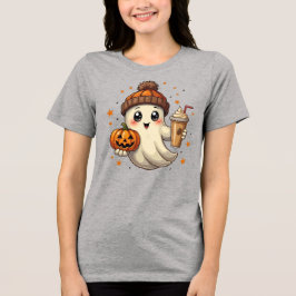 Cute Ghost med Pumpkin & Coffee Halloween T-Shirt