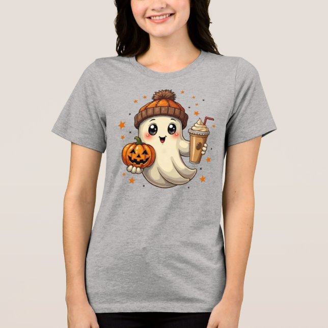 Cute Ghost med Pumpkin & Coffee Halloween T-Shirt (Framsida)