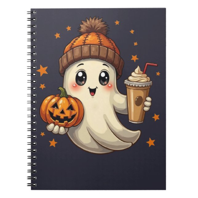 Cute Ghost med Pumpkin & Coffee Spiral bärbar dato Anteckningsbok (Framsidan)
