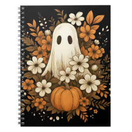 Cute Ghost med Pumpkin & Fall Flowers - Halloween Anteckningsbok