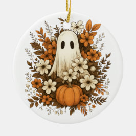 Cute Ghost med Pumpkin & Fall Flowers - Halloween Julgransprydnad Keramik