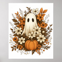 Cute Ghost med Pumpkin & Fall Flowers - Halloween Poster