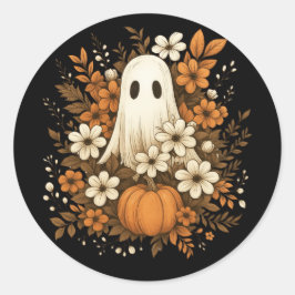 Cute Ghost med Pumpkin & Fall Flowers - Halloween Runt Klistermärke