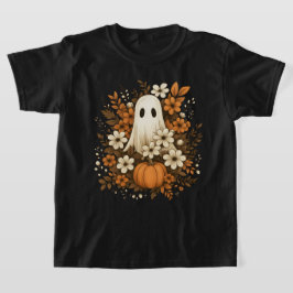 Cute Ghost med Pumpkin & Fall Flowers - Halloween T Shirt