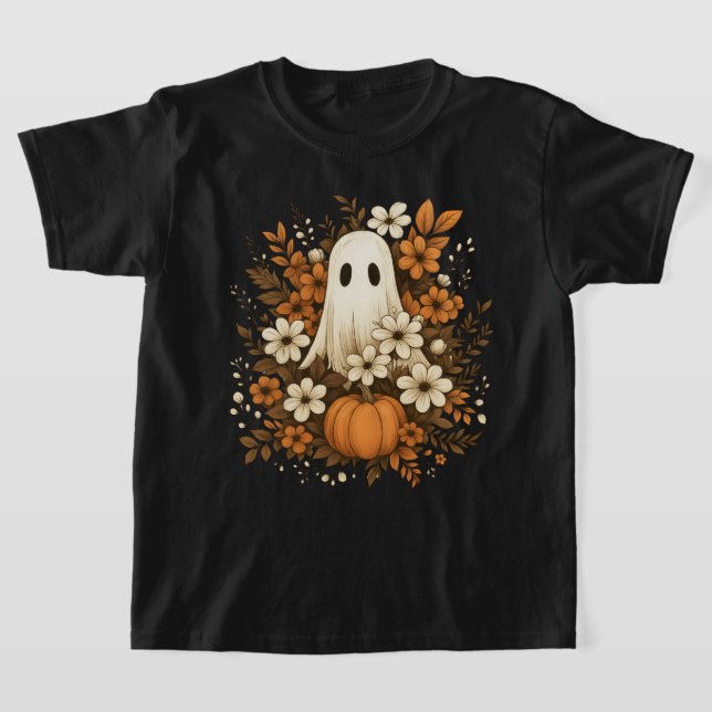 Cute Ghost med Pumpkin & Fall Flowers - Halloween T Shirt (Laydown)