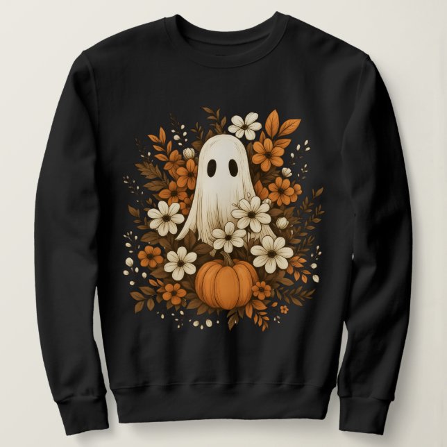 Cute Ghost med Pumpkin & Fall Flowers - Halloween T Shirt (Design framsida)