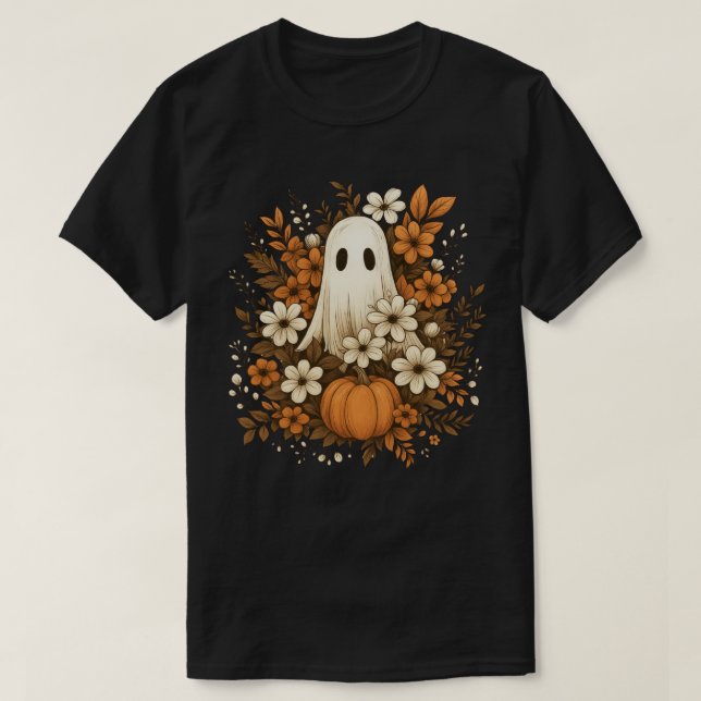 Cute Ghost med Pumpkin & Fall Flowers - Halloween T Shirt (Design framsida)