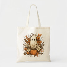 Cute Ghost med Pumpkin & Fall Flowers - Halloween