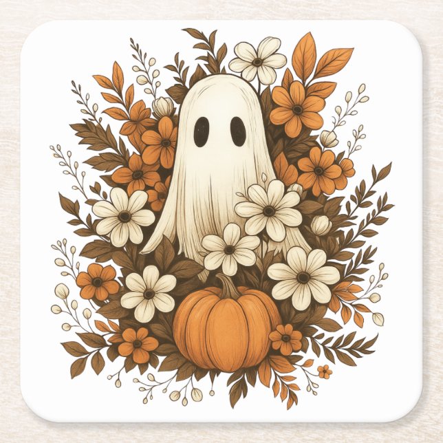Cute Ghost med Pumpkin & Fall Flowers - Halloween Underlägg Papper Kvadrat (Framsidan)