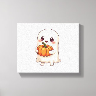 Cute Ghost med Pumpkin - Funny Halloween Canvastryck