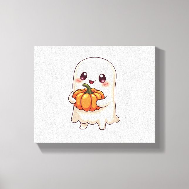 Cute Ghost med Pumpkin - Funny Halloween Canvastryck (Framsida)