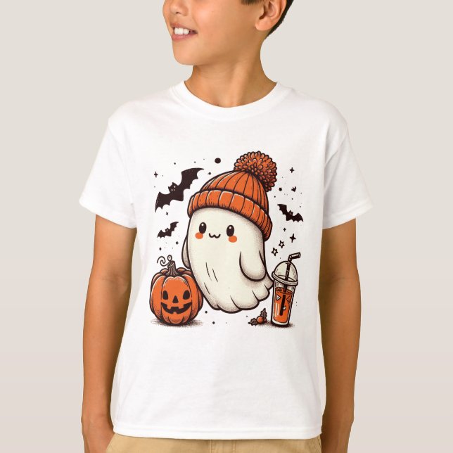 Cute Ghost med Pumpkin Halloween T Shirt (Framsida)