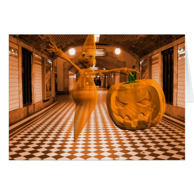 Cute Ghost med Pumpkin Hälsningskort (Framsidan Horizontal)