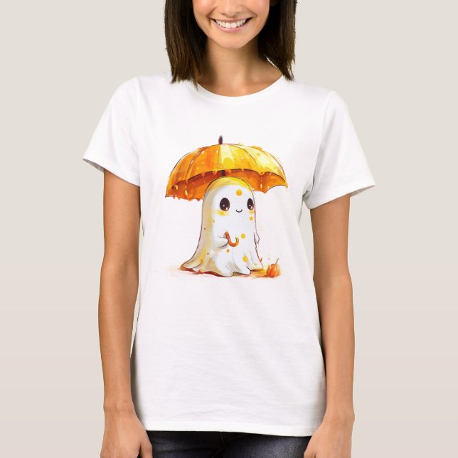 Cute Ghost med Pumpkin Umbrella Halloween T-Shirt (Framsida)