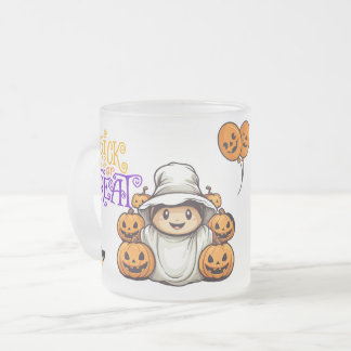 Cute Ghost med Pumpkins Bus eller godis Halloween Frostad Glasmugg