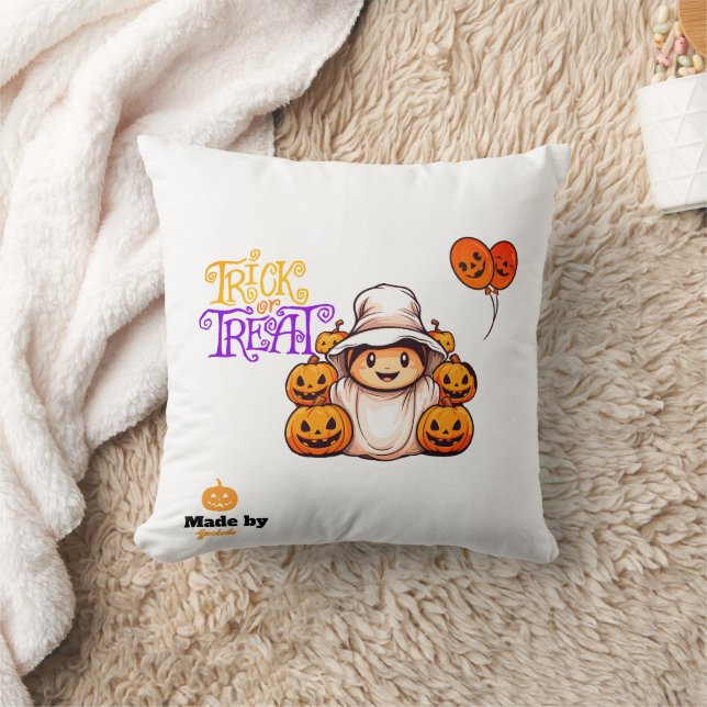 Cute Ghost med Pumpkins Bus eller godis Halloween Kudde (Filt)