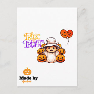Cute Ghost med Pumpkins Bus eller godis Halloween Vykort