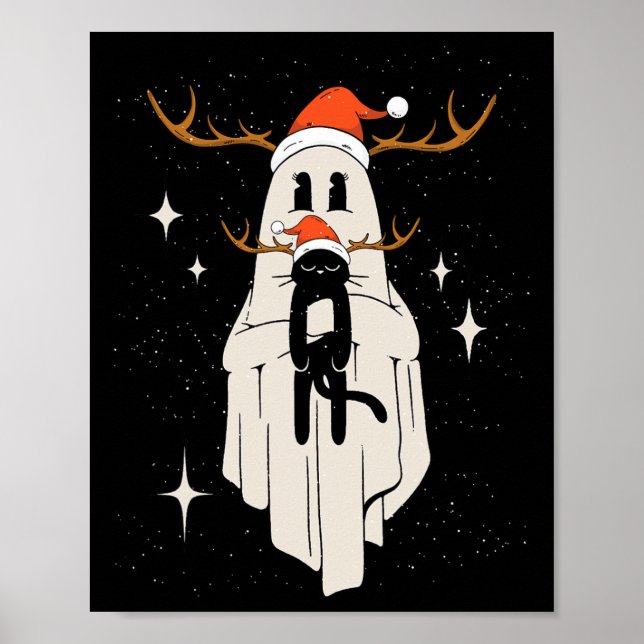 Cute Ghost med Santa Hat Holding Black Cat - Kids Poster (Framsidan)
