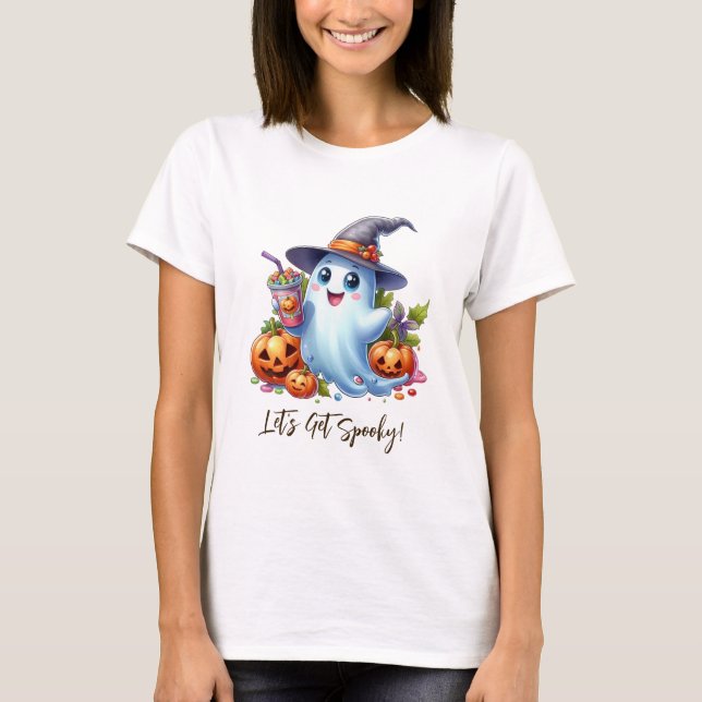 Cute Ghost med spooky drinkar, Halloween T Shirt (Framsida)