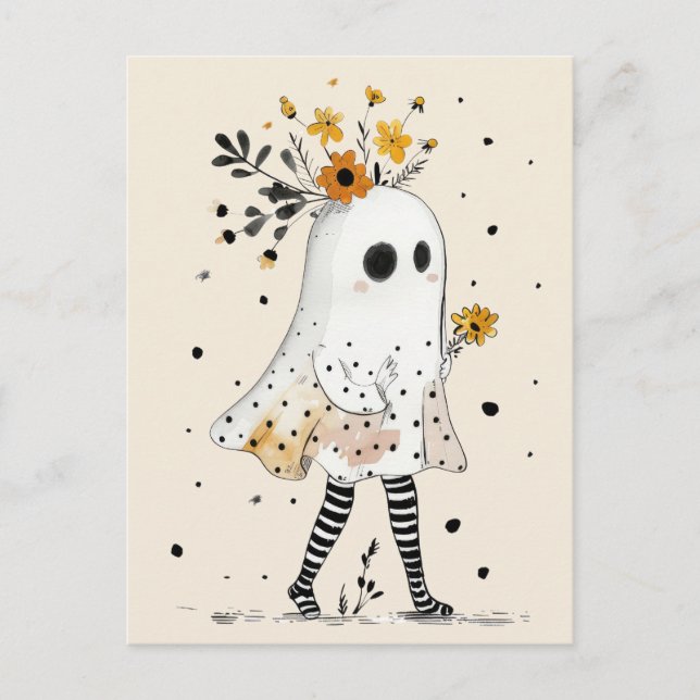 Cute Ghost med sunblommor Whimsical Halloween Vykort (Framsida)