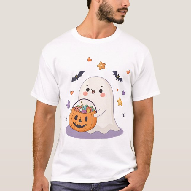 Cute Ghost med Trick eller Treat Candy Bucket T Shirt (Framsida)