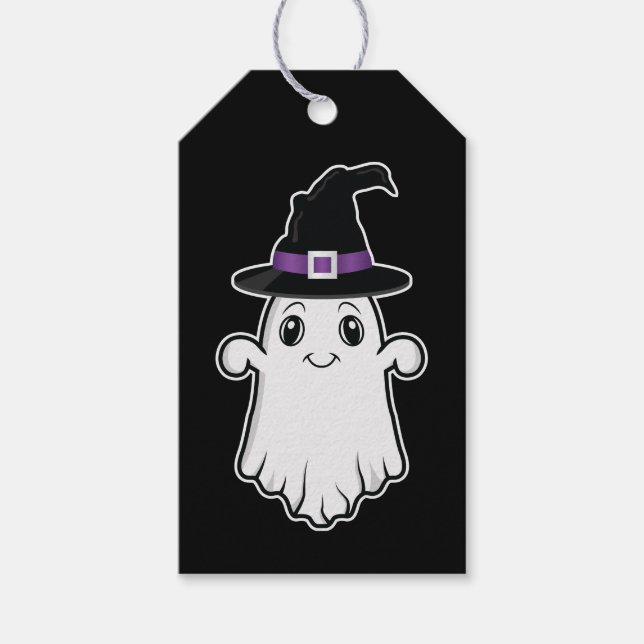 Cute Ghost med Witch Hat Happy halloween Black Presentetikett (Framsidan)