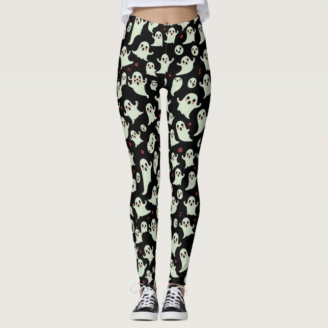 Cute Ghost Mönster Halloween Spooky Kawaii Design Leggings (Framsida)