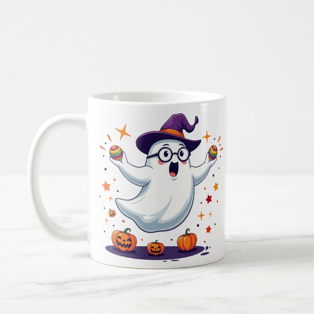 Cute Ghost Mug with Pumpkins and Witch Hat Kaffemugg (Vänster)