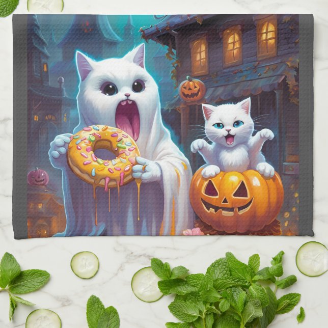 Cute Ghost N Kitten, Pumpkin och Donut Kökshandduk (Vikta)