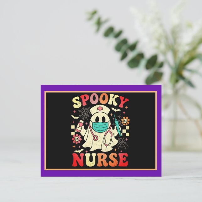 Cute Ghost Nurse Halloween Graphic Retro Pastels Vykort (Stående Fram)