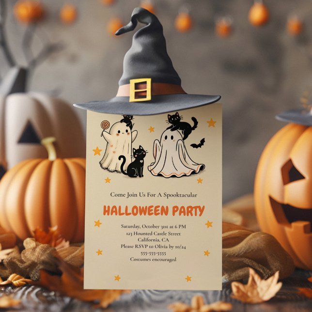 Cute Ghost och Black Cat Halloween fest Inbjudningar (Cute Ghost and Black Cat Halloween Party Invitation with funny halloween decoration and a witch hat)