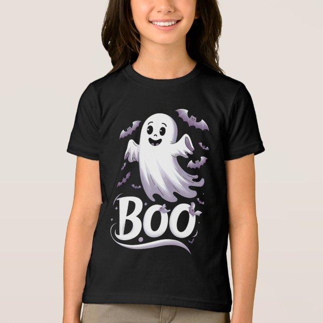 Cute Ghost och Fladdermus 'Boo' Halloween T Shirt (Framsida)