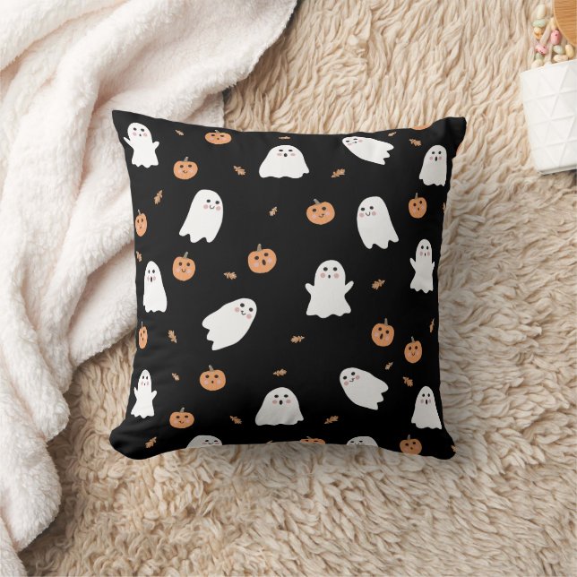 Cute Ghost och Pumpkin Black Halloween Mönster Kudde (Filt)