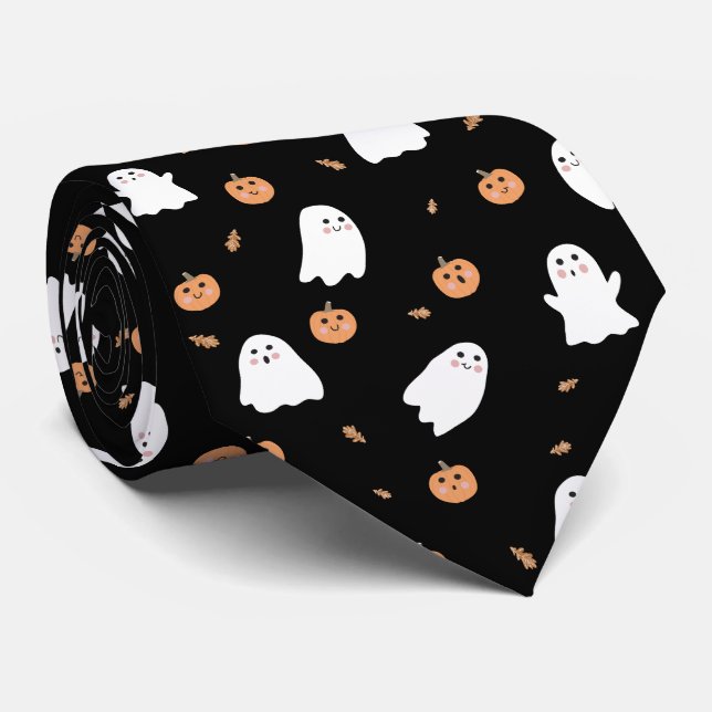 Cute Ghost och Pumpkin Black Halloween Mönster Slips (Rullad)