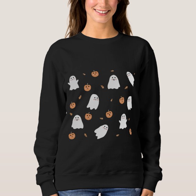 Cute Ghost och Pumpkin Black Halloween Mönster T Shirt (Framsida)