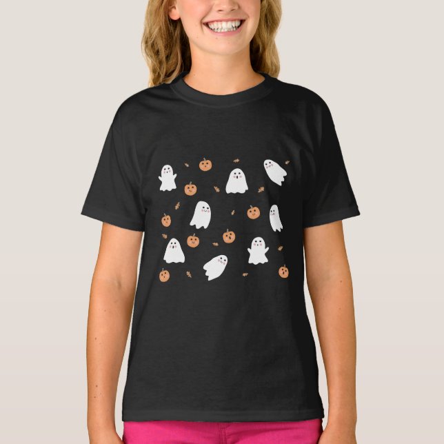 Cute Ghost och Pumpkin Black Halloween Mönster T Shirt (Framsida)
