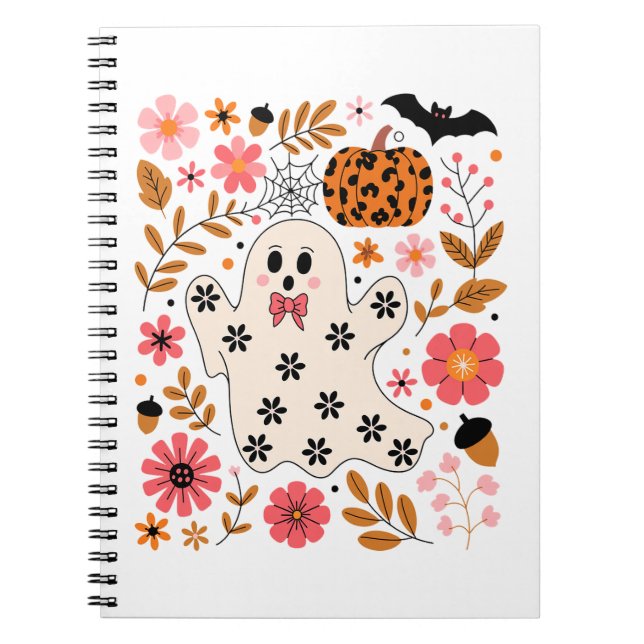 Cute Ghost och Pumpkin Blommigt Spooky Anteckningsbok (Framsidan)