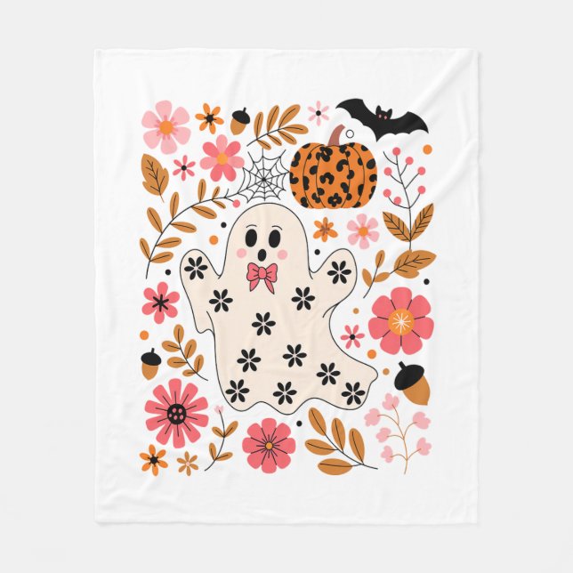 Cute Ghost och Pumpkin Blommigt Spooky Fleecefilt (Framsidan)