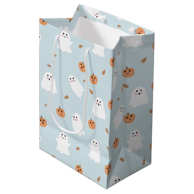 Cute Ghost och Pumpkin Blue Halloween Mönster (Framsidan Vinklad)