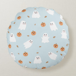Cute Ghost och Pumpkin Blue Halloween Mönster Rund Kudde