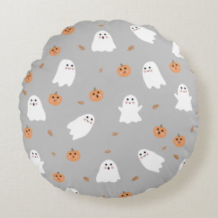 Cute Ghost och Pumpkin Grått Halloween Mönster Rund Kudde