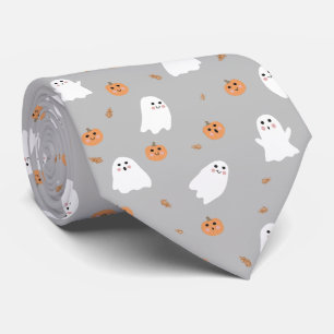 Cute Ghost och Pumpkin Grått Halloween Mönster Slips