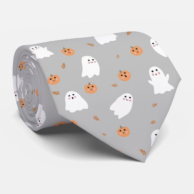 Cute Ghost och Pumpkin Grått Halloween Mönster Slips (Rullad)