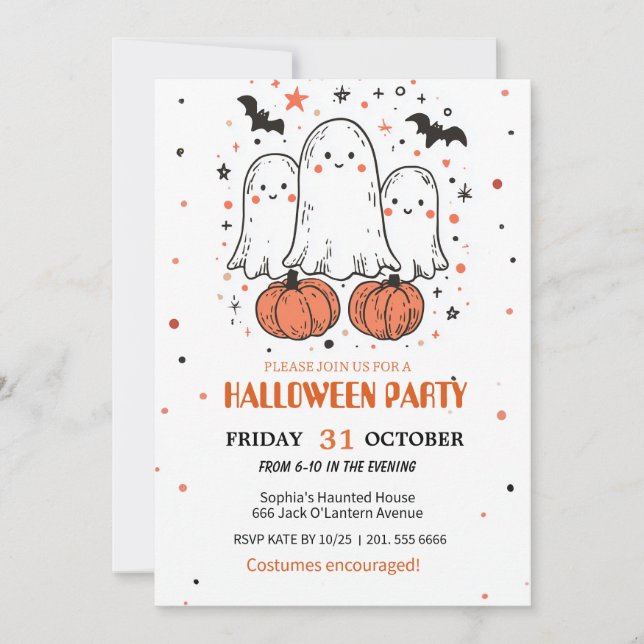 Cute Ghost och Pumpkin Halloween Inbjudningar (Framsida)