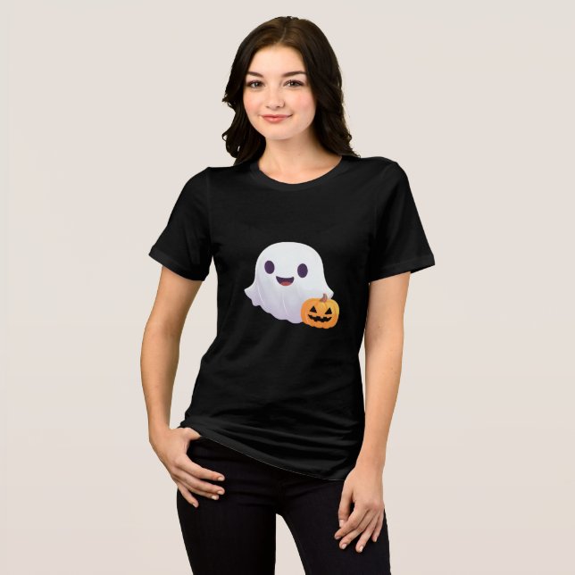 Cute Ghost och Pumpkin Halloween T Shirt (Framsida Full)
