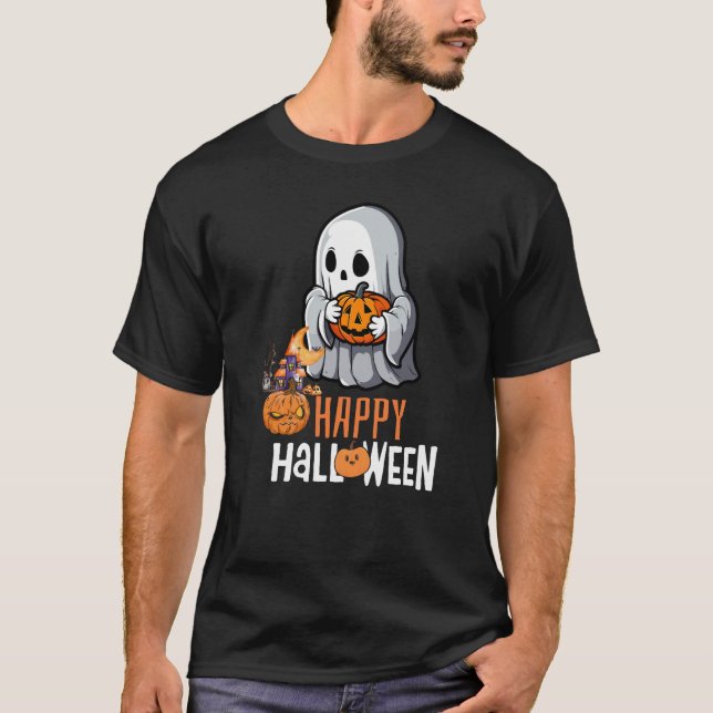 Cute Ghost och Pumpkin "Happy halloween" T-shirt (Framsida)