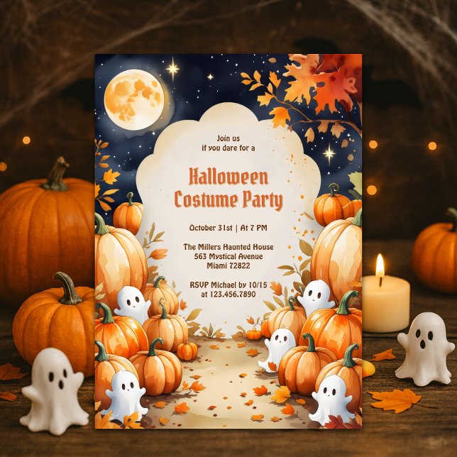 Cute Ghost och Pumpkin Kids Halloween Costume Part Inbjudningar (Cute Ghost & Pumpkin Kids Halloween Costume Party Invitation Spooky-Cute Full Moon Night)