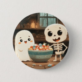 Cute Ghost och Skeleton with Candy Bowl - Button Knapp